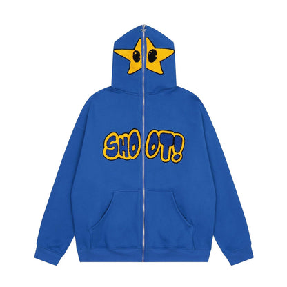 American High Street Cartoon Star Letter Embroidery Plush Cardigan Hoodie Mens and Womens Fashion Loose Hip Hop Hoodie