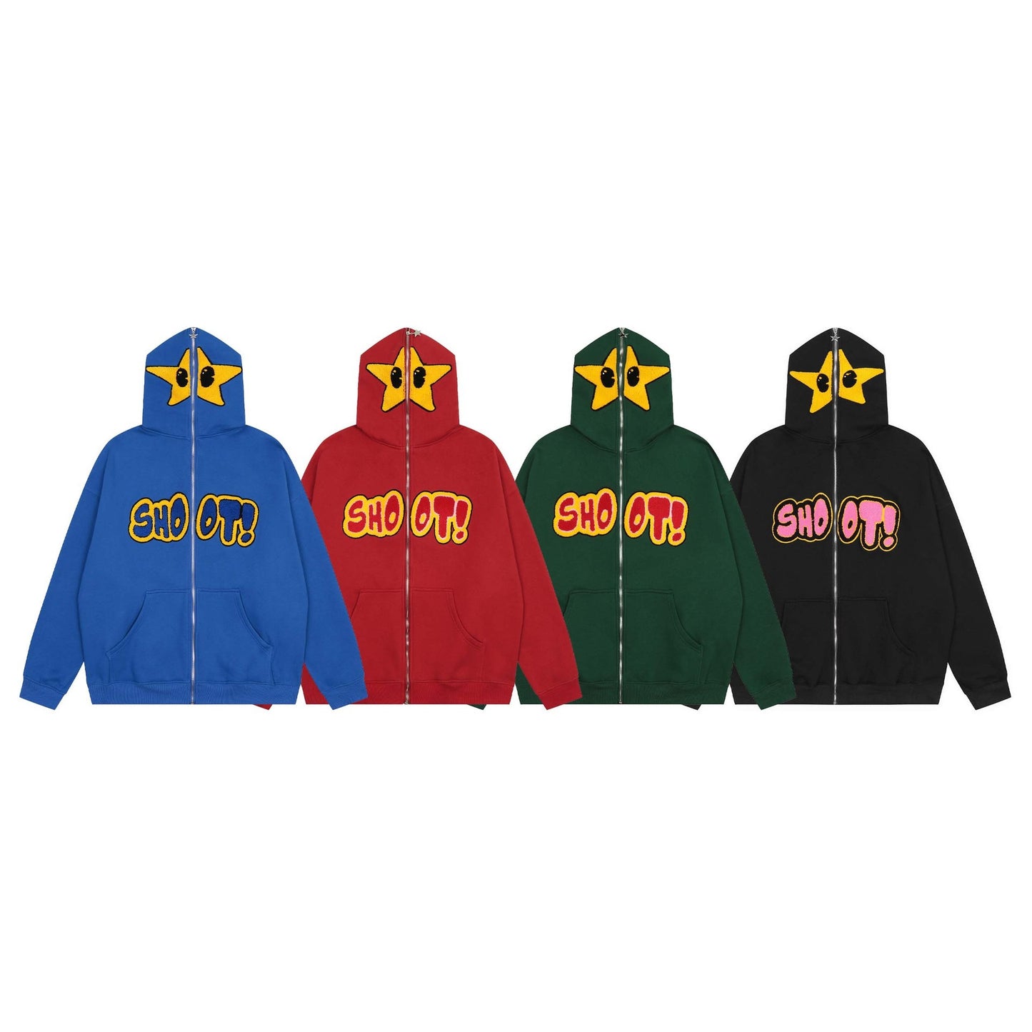 American High Street Cartoon Star Letter Embroidery Plush Cardigan Hoodie Mens and Womens Fashion Loose Hip Hop Hoodie