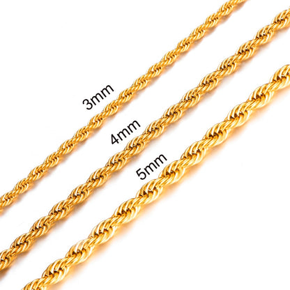 Rope Chain Width 3mm Gold Silver Stainless Steel Necklace Men Twisted Necklaces Jewelry